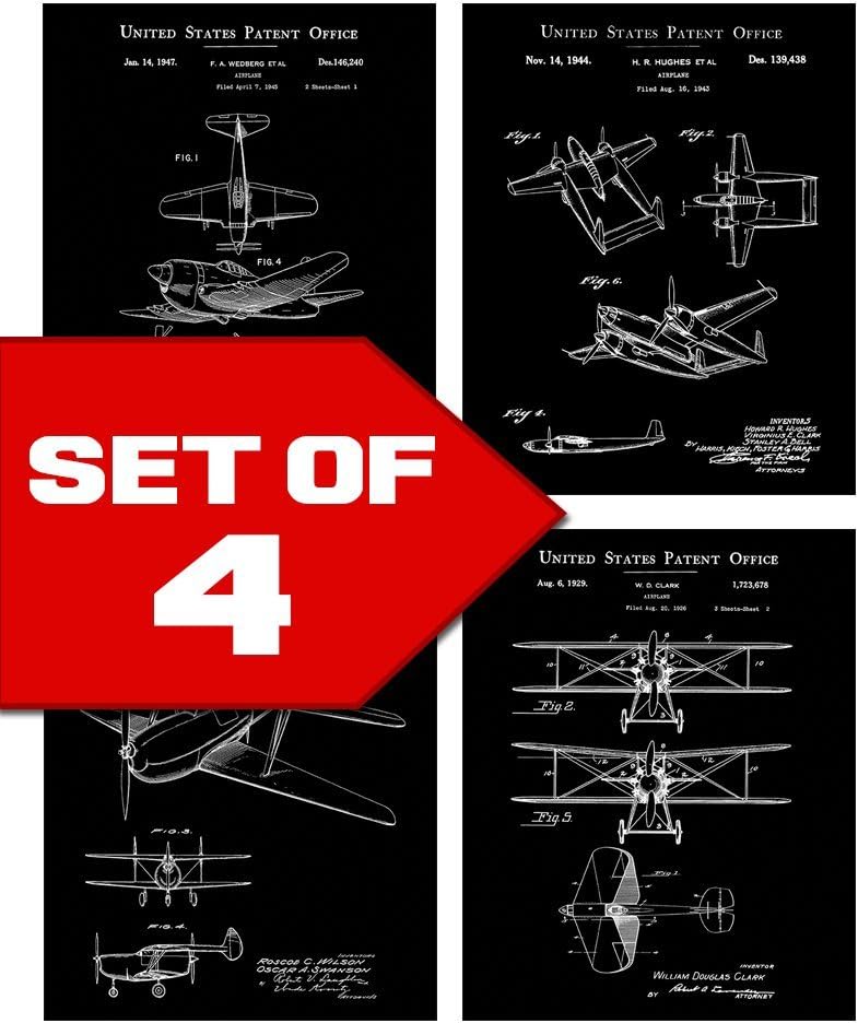 Black Vintage Airplane Patents Set! Four 8x10 Aviation Themed Mens Wall Decor Art Prints. Great for Office, Home, Living Room, Bachelor Pad or Barbershop Decoration! Designed exclusively for Wallables