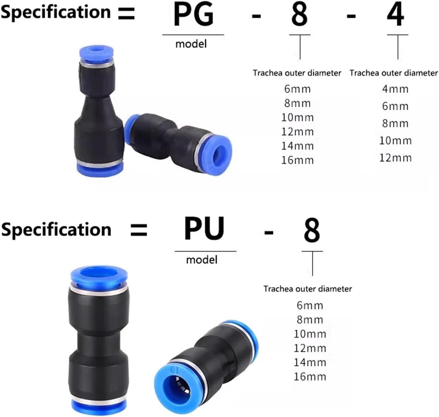 Pu Pneumatic Fittings Plastic Connector PG 4 6 8 10/12/14mm 16mmAir Water Hose Tube Push In Straight Gas Quick Connectors 50/100Pcs(PG 10-8,100 PCS)