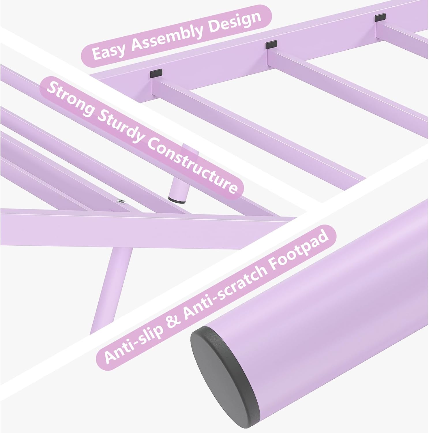 Twin Bed Frames with Headboard, Elegant Metal Bed Frame for Kids Girls, Modern Twin Size Platform Bed - No Box Spring Needed, 11.2 Inches Height Underbed Storage - Purple - Image 8