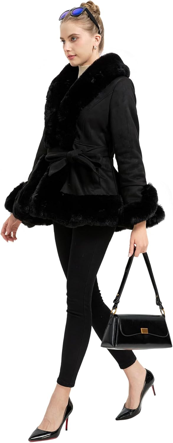 GRAN ORIENTE Suede Jacket for Women with Faux Fur Collar,Long Sleeve Warm Winter Parka Coat with Belt Outerwear - Image 5