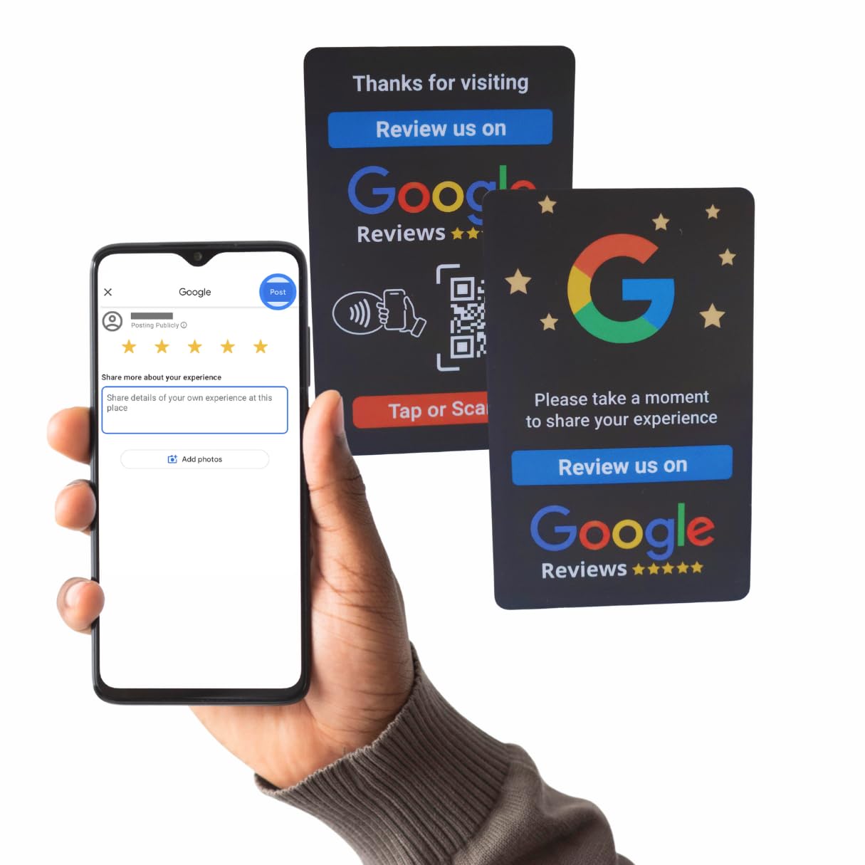 Review Card with NFC & QR Code- Easy Tap or Scan to get Customer Feedback - Boost Customer Reviews- Compatible with iPhone & Android - No App, No Subs(Black)