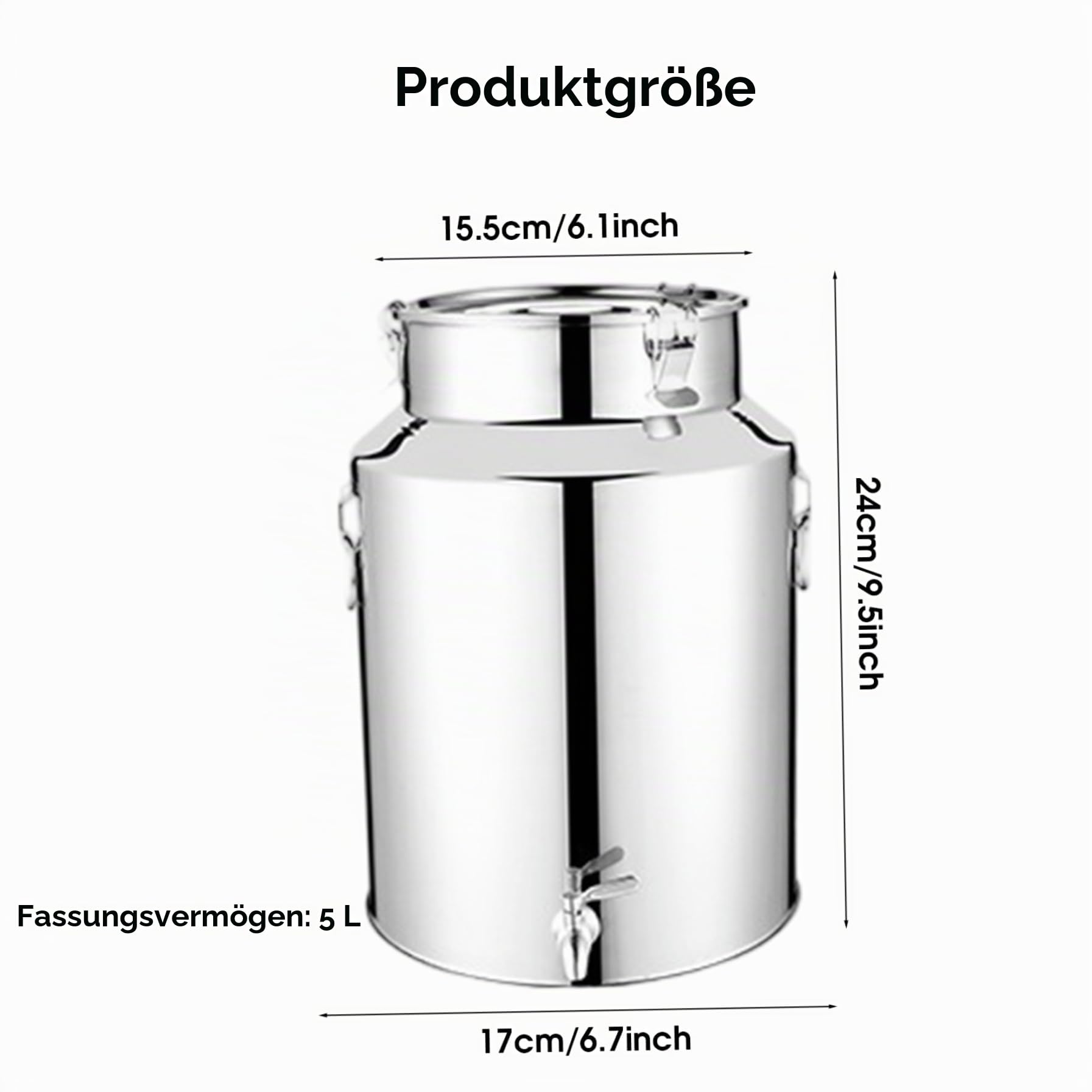 Milchdose 5L Edelstahl Wasserspender Hochleistungshonigschaufel mit Ausstrich, Verriegelungsdeckel und Griff für Wein, Speiseöl, Milch, Körner