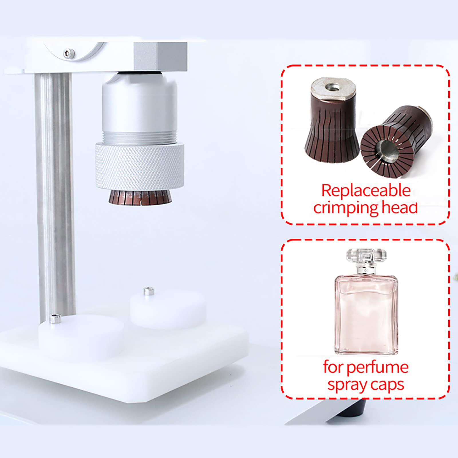 Máquina prensadora Sellado Botellas Perfume, máquina taponadora neumática Manual, con Mango Antideslizante Acero Inoxidable, Altura Ajustable para Herramientas Vidrio Metal plástico (diámetro exte