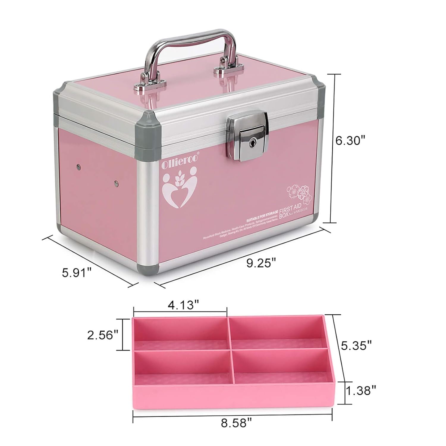 Ollieroo Small Medication Lock Box with Key Lockable Medicine Lock Box Organizer Medication Storage Box Pink First Aid Box for Medical Supplies Removable Compartments