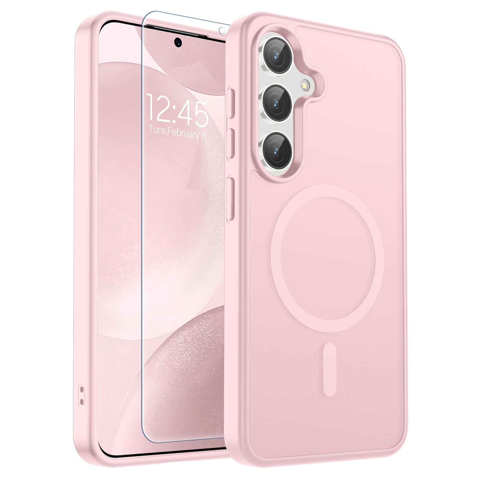 SUPFINE Magnetic for Samsung Galaxy S24 Case / S25 Case with Screen Protector, (Built-in Magnets) (Military Grade Drop Protection) Slim Translucent Shockproof Phone Case,Pink