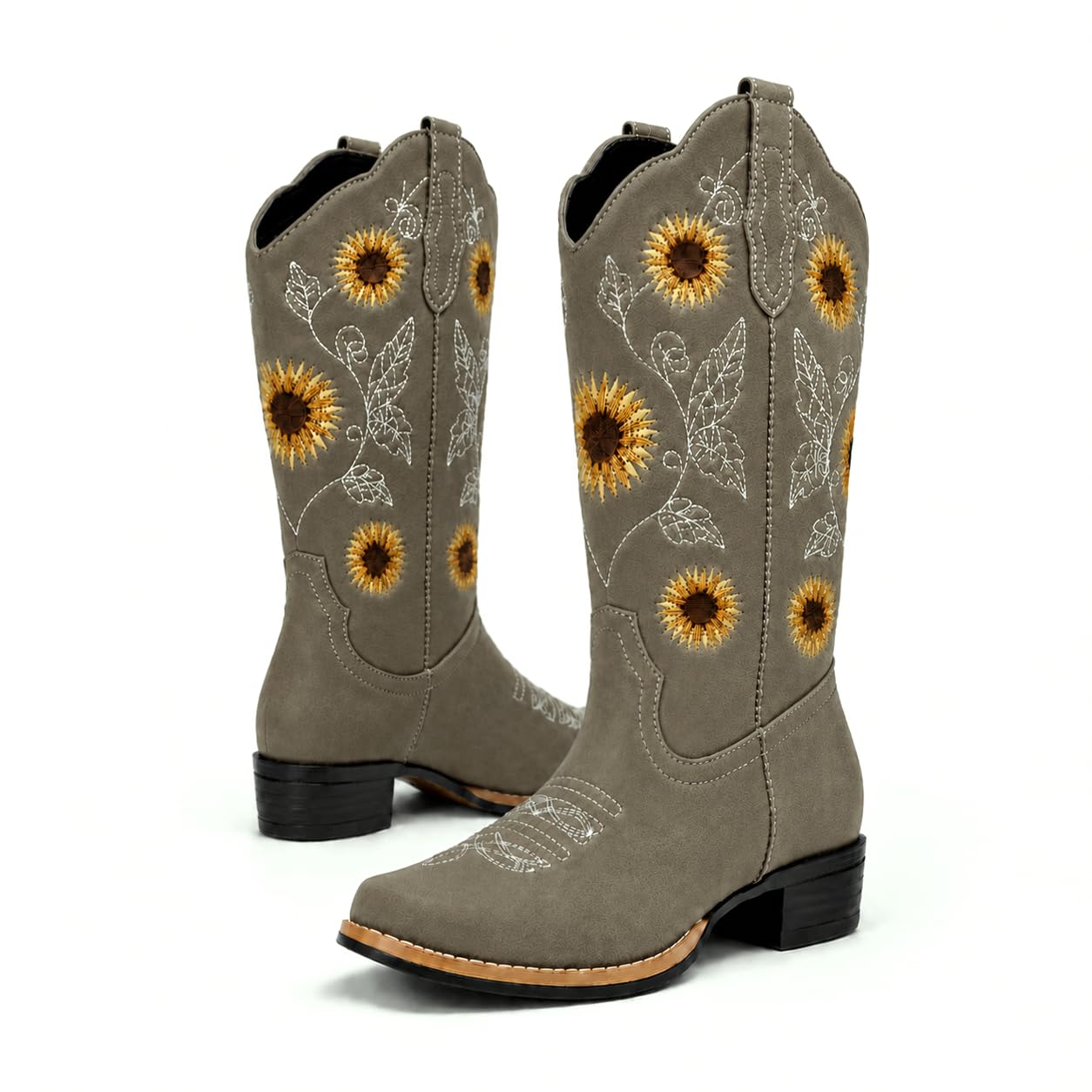 Women's Sunflower Cowboy Boots Cowgirl Square Toe Mid Calf Low Heel