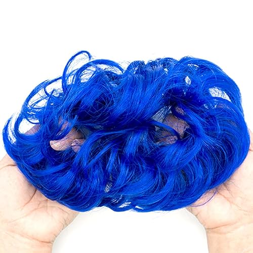 Miniatura 3 de Pieza de cabello de moño desordenado, piezas de cabello azul para mujeres y niñas, extensiones de cabello sintético ondulado y rizado, coletero