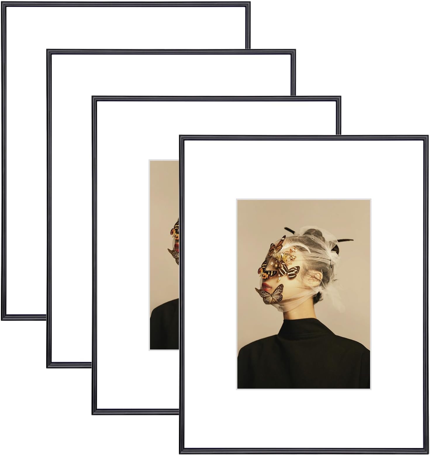 11x14 Picture Frame Set of 4, Matted Black Simple Modern Brushed Thin Aluminum Metal Photo Frame Fits 8x10 with Mat or 11 x 14 without Mat Vertical and Horizontal for Tabletop and Wall Mounting