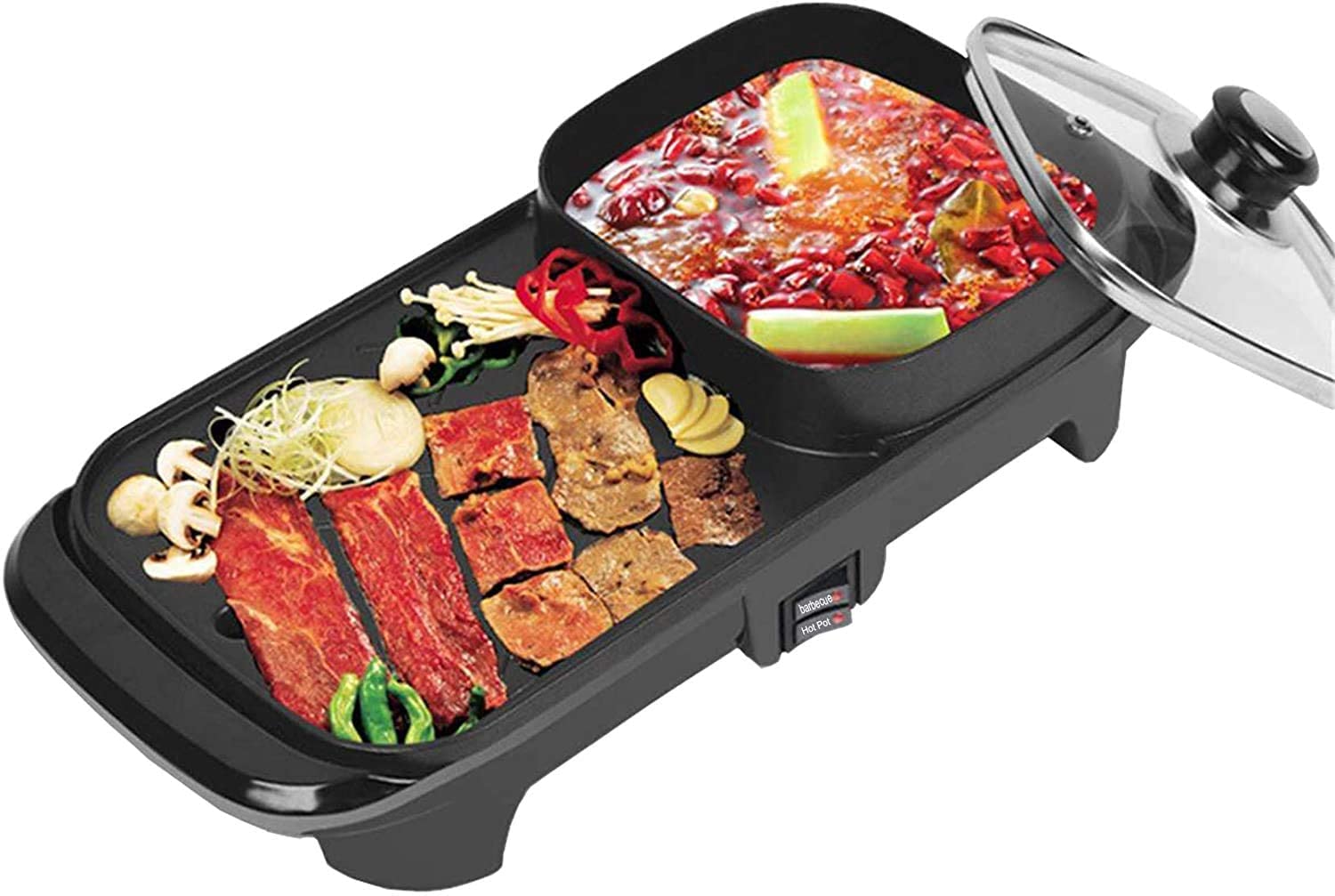 Parrilla de Asar Grill de Asar Plancha de Asar 2 en 1 Parrilla eléctrica y Olla Caliente Antiadherente para Hornear en Interiores Sartén Plana Hotpot Grill BBQ Plancha Plana 1100W 1101(Si