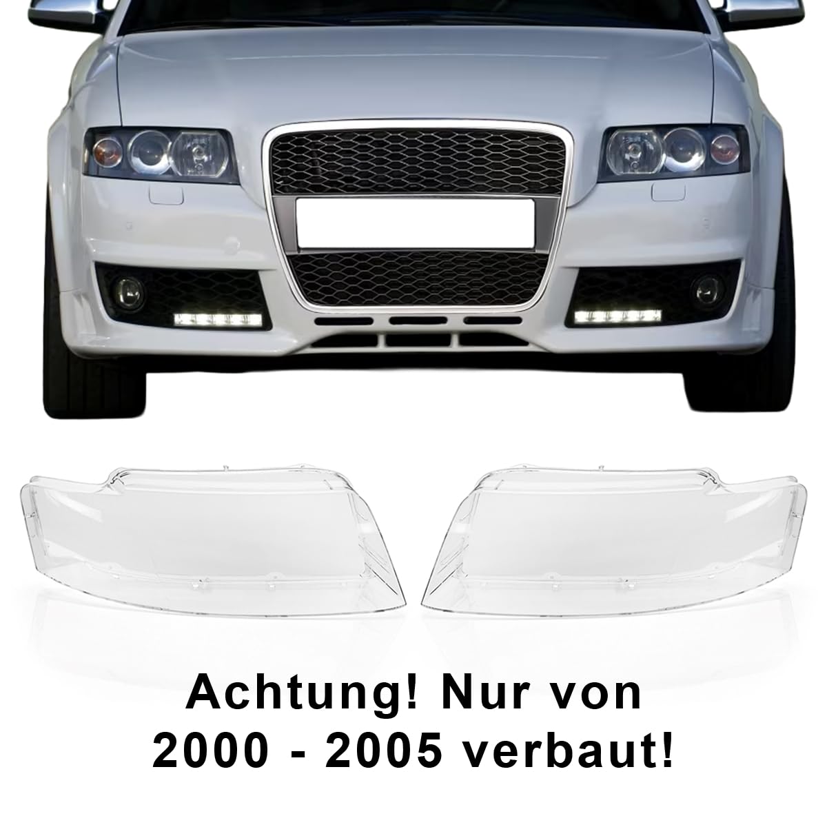 LST Scheinwerferglas (2er Set) Streuscheibe Hauptscheinwerfer Linsenscheibe Frontlicht Abdeckung Glas links + rechts transparent kompatibel mit Audi A4 B6 Limousine Avant 8E2 8E5 2000-2005