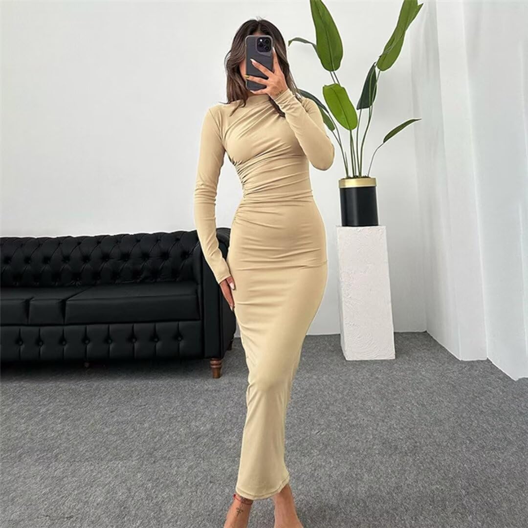 Xuan2Xuan3 Long Sleeve Fitted Bodycon Dresses for Women Curvy Fall Winter Tight Ruched Elegant Party Dinner Formal Dress - Image 2
