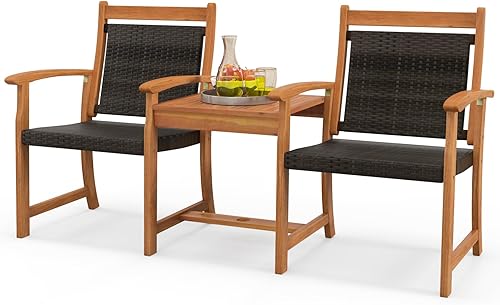 HAPPYGRILL Juego de sofá biplaza de madera de acacia con mesa auxiliar, 3 en 1, silla de banco de mimbre de ratán con agujero para sombrilla para
