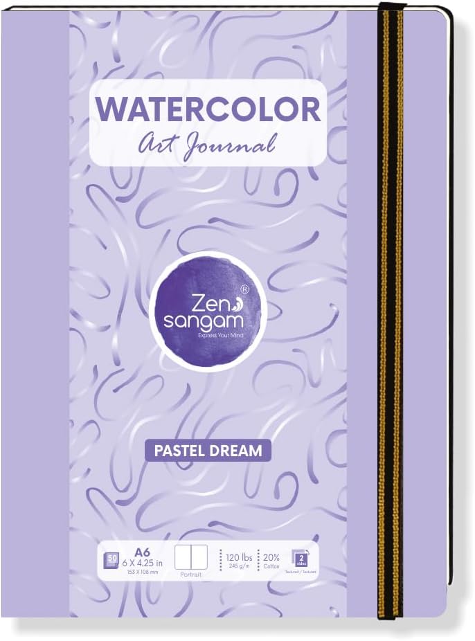 Zen SANGAM A6 Watercolor Art Journal Portrait, 245 GSM, 25 Sheets(50 Pages), 20% Cotton Cold Pressed | Durable Portrait Sketchbook for Artists & Professionals | Acid-Free | 14.8x21cm | Pastel Purple
