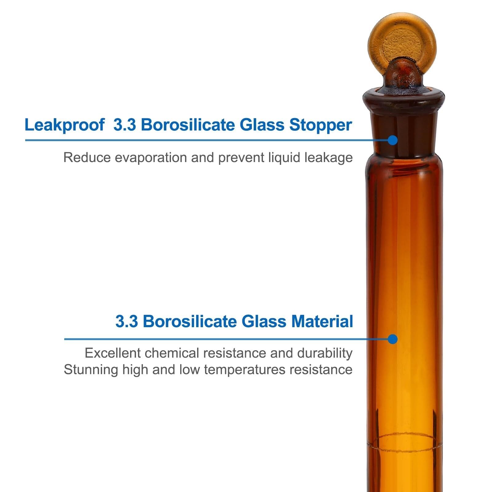 Matraz aforado 250ml ámbar de vidrio borosilicato con tapón - Precisión ±0,15ml, Paquete de 2 para experimentos de laboratorio