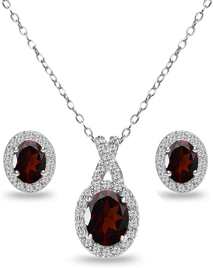 B. BRILLIANT Sterling Silver Genuine, Created or Simulated Gemstone Oval Halo X Necklace & Earrings Jewelry Set for Women Bridesmaids