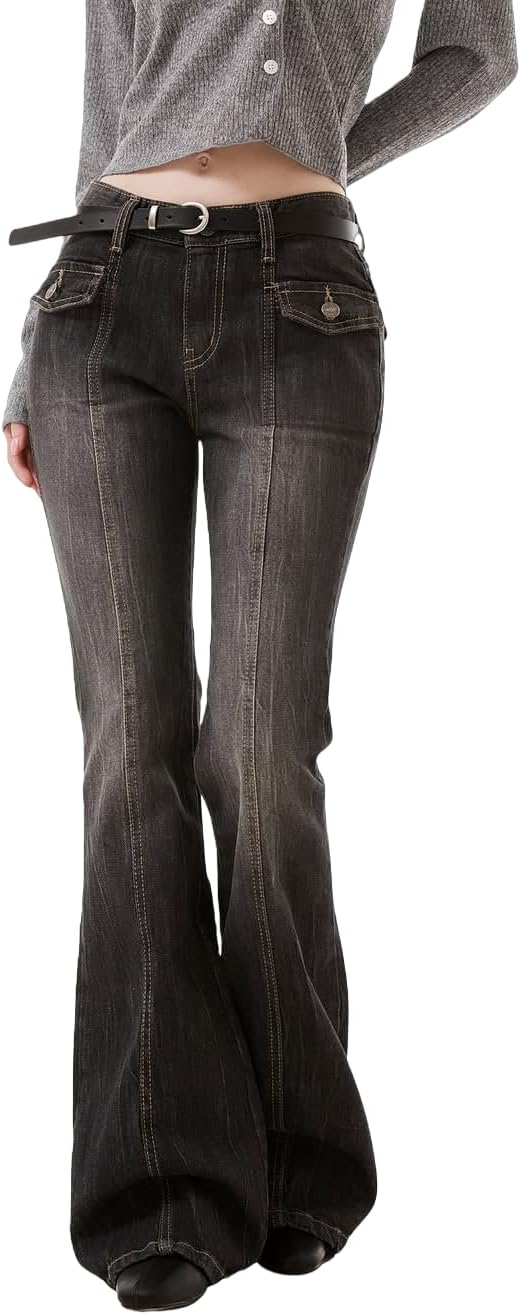 EMMIOL Mid-Low Rise Flare Jeans for Women, Y2K Baggy Boot Cut Flared Bootcut Wide Leg Womens Denim Pants Stretch