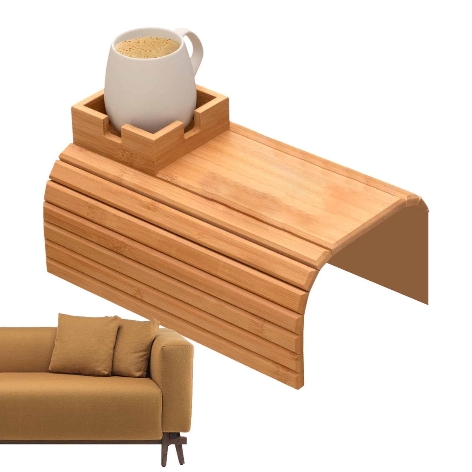 Bandeja para tazas con reposabrazos: soporte de madera estable para sofás sin mesa auxiliar 8