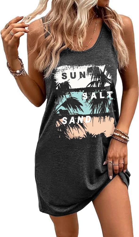 Summer tank dress for women casual vacation sundress coconut tree graphic