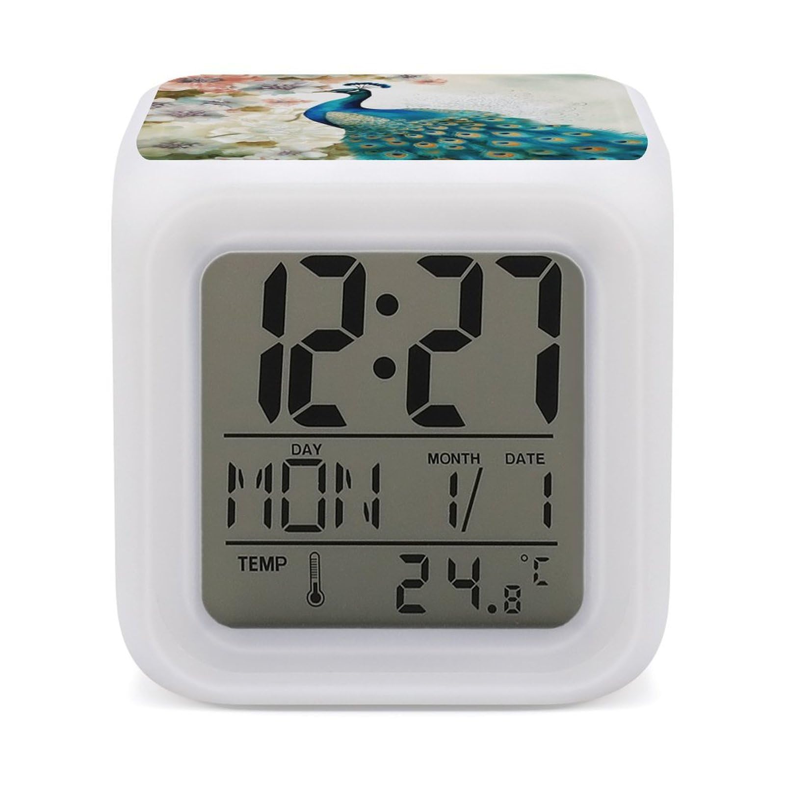 FekiLoot Beautiful Peacock and Floral Alarm Clock for Heavy Sleepers Wake Up Digital Clock with 7 Color Changing Night Light Super Loud Digital Alarm Clocks Small Machine Alarm Clocks