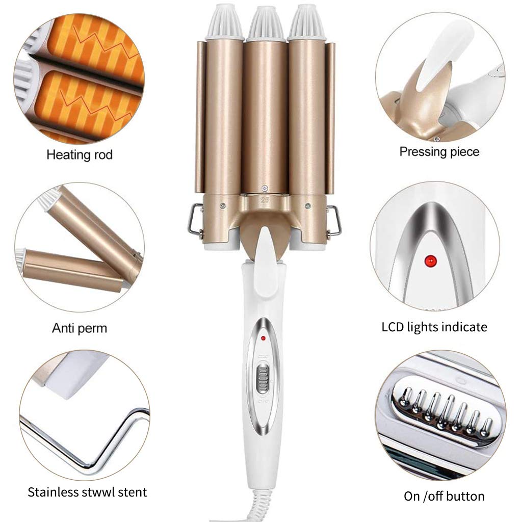 Rizador de pelo de 3 barriles, 22 mm de cerámica de calentamiento rápido Turmalina Varita rizadora Herramientas para peinar el cabello Waver Iron con guantes y pinzas para el cabello