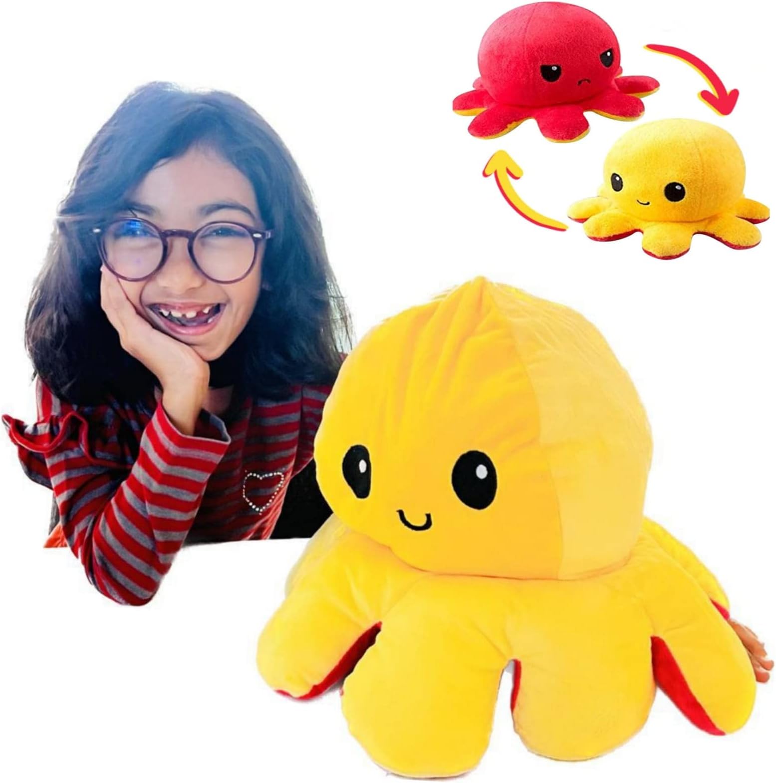 Jumbo, Big Size Reversible Octopus Plush, Double-Sided Flip Stuffed Animal Mood Plush, soft Plushie Without Saying a Word, as A Gift for Kids & Adult or for Decoration (Pink/Yellow)
