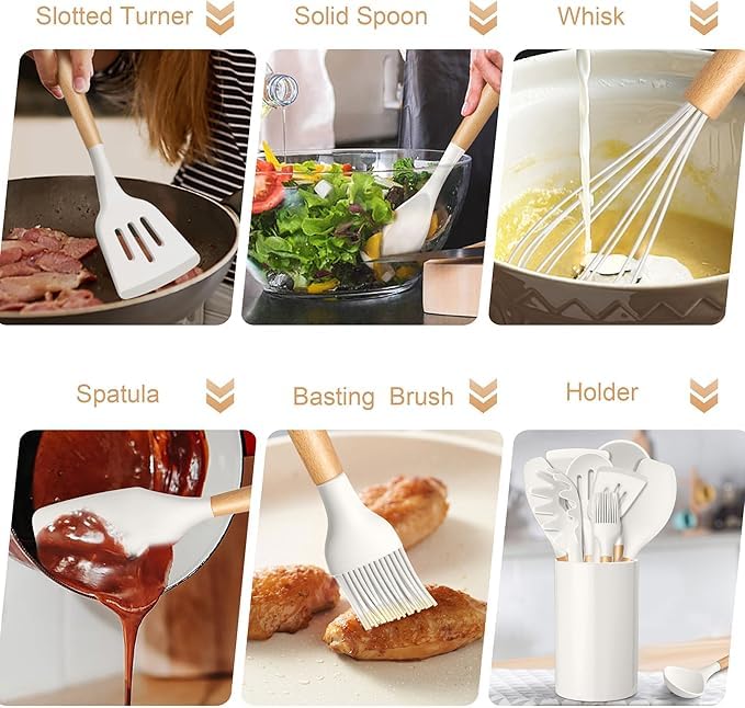 Image of Barebeauty 12 Pcs Silicone Kitchen Utensils Set with Holder Heat Resistant Silicone Spatula | Turner Set Wooden Spoons Kitchen Tools | Cooking Utensils for Nonstick Cookware (Cream)