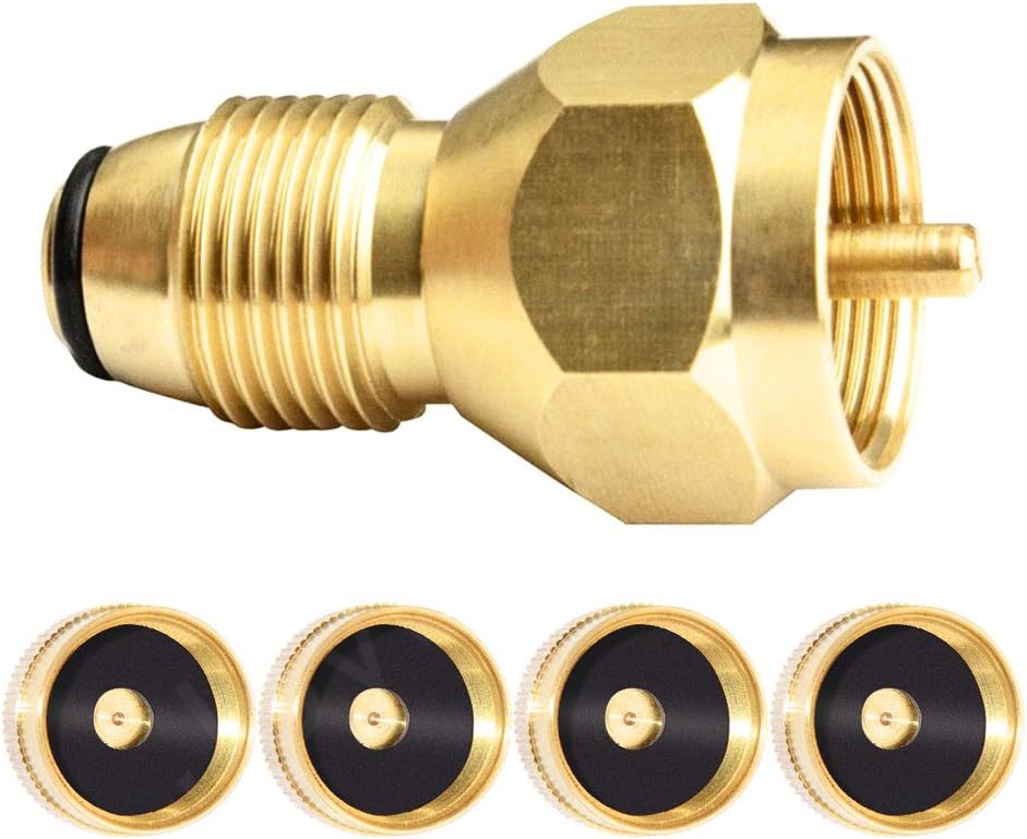Joywayus Propane Tank Refill Adapter with 4 Propane Bottle Caps Universal for All 1 lb Propane Tank Small Cylinders - Safest Tank Fill Attachment and Solid Brass Regulator Valve Accessory