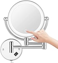 Espelho de maquiagem montado na parede Botão de toque LED Stepless ajustável luz dupla face 1X/5x ampliação espelho de vaidade 360 ° giratório extensível para banheiro alimentado por plug in