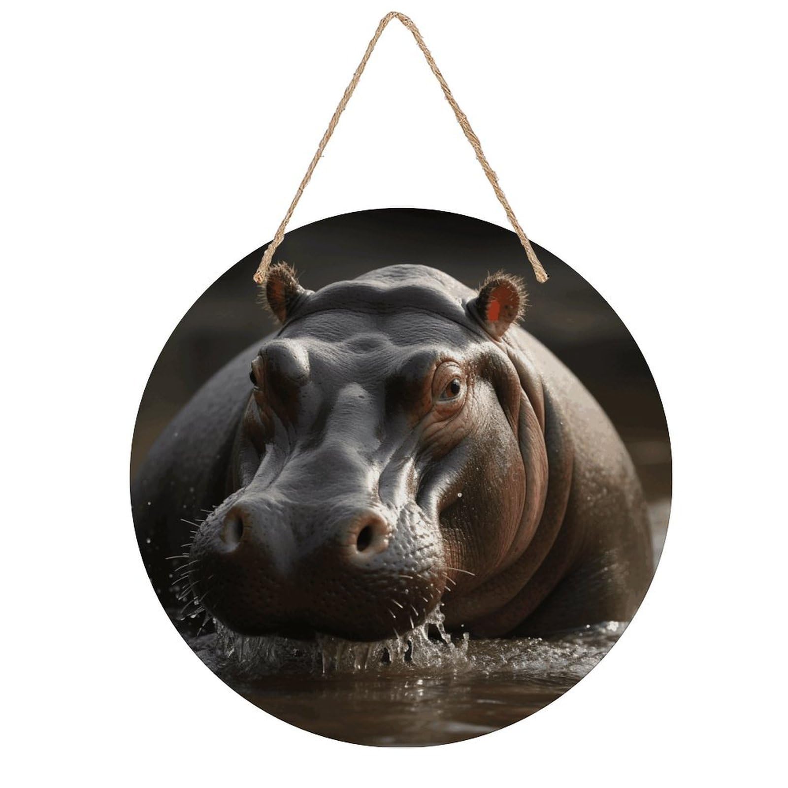 VstaDank Hippo Wall Art Decor with Ropes Wooden Hanging Sign Hanging Wall Decor Artwork Round Wood Painting Modern Wall Prints Decor Picture for Office Bar Home Decors