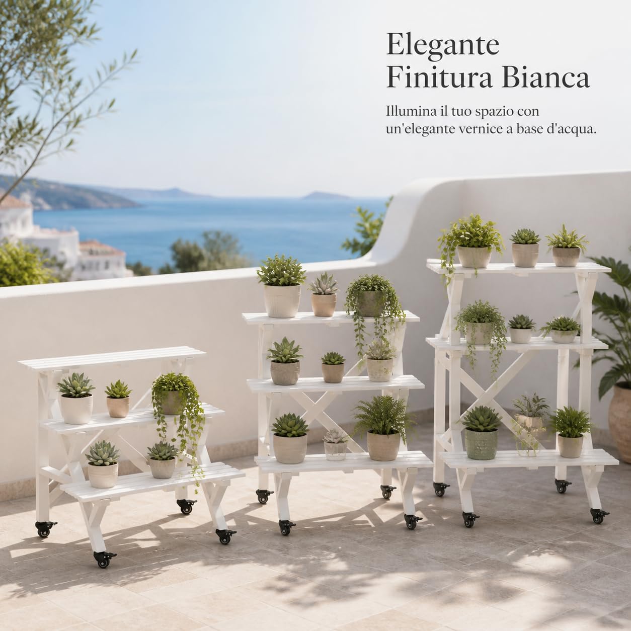 Fioriera Legno 3 Livelli, Stile , Con ruote/3L60 bianco 60x60x66cm