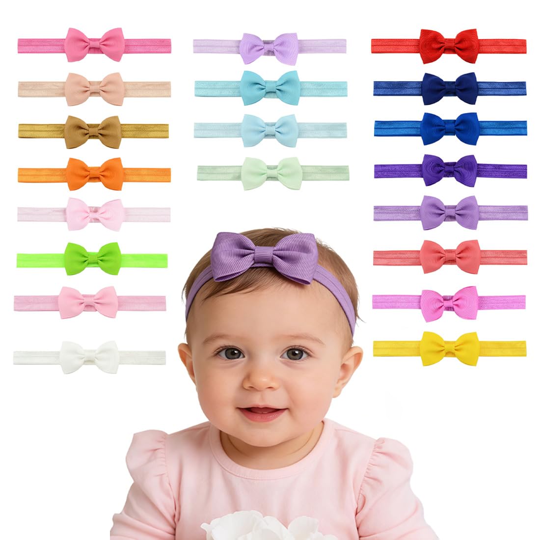 20 Pezzi Fascia Capelli Neonata, Fascia Capelli Bambina, Fascia Elastica per Capelli con Fiocchi Accessori per Capelli per Nascita Bambina Femmina