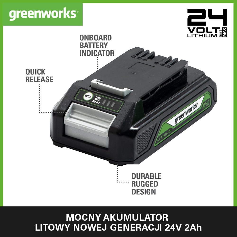 Greenworks Akumulator 24V 2Ah - Akumulator Litowo-Jonowy Greenworks 24V o Pojemności 2Ah, Lekki Design z 3-Stopniową Kontrolą Poziomu Naładowania LED, G24B2