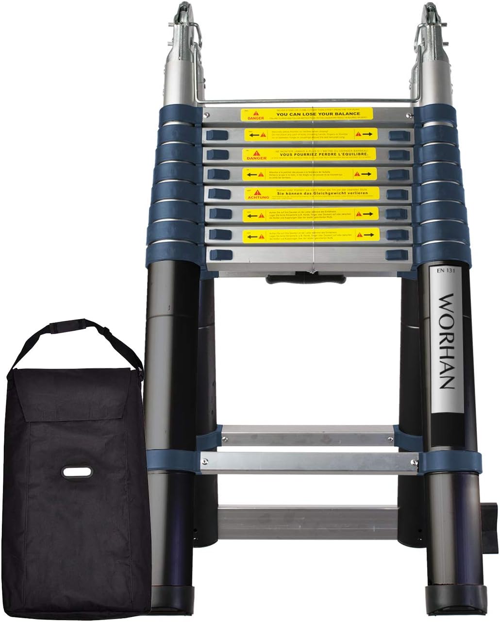 WORHAN 5.6m (18' 5'') Double Telescopic Foldable Extendable Multipurpose Aluminium A Frame Ladder Step Ladder with Stabilizer K5.6+bag