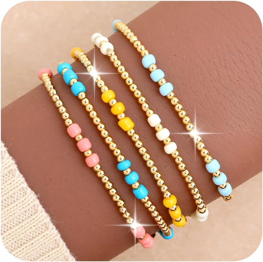 Gold Beaded Stack Bracelets Set for Women, Handmade Boho Colorful Small Beads Stretch Bracelet Fashion Jewelry Gift