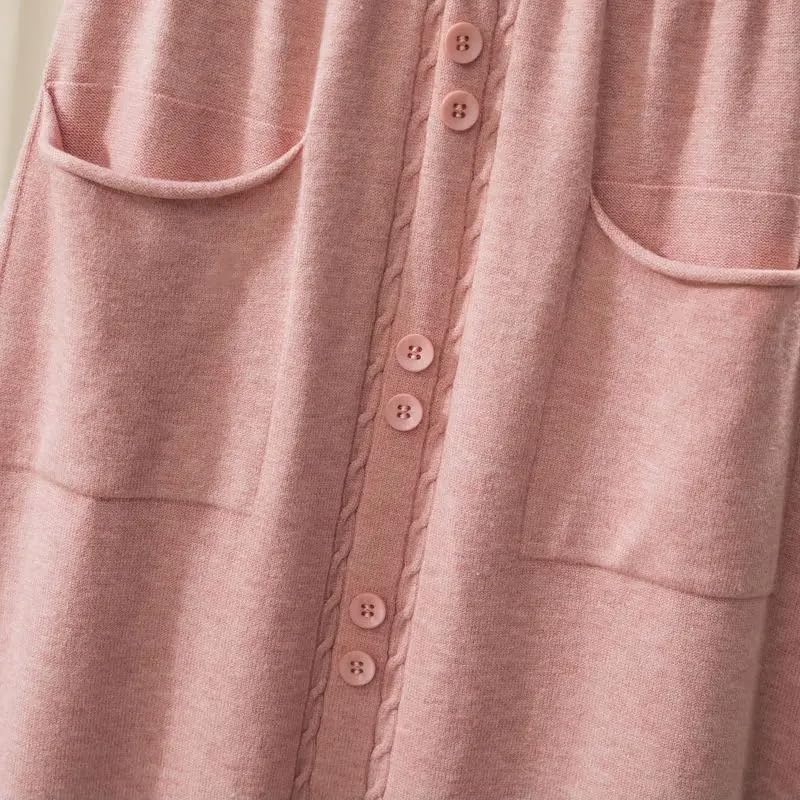 Falda De Punto De Mujer - Falda Plisada Elegante De Punto De Color Sólido con Forma De A para Otoño E Invierno, Cintura Alta Elástica, Bolsillo con Botones, Faldas Largas Cálidas, Ropa S
