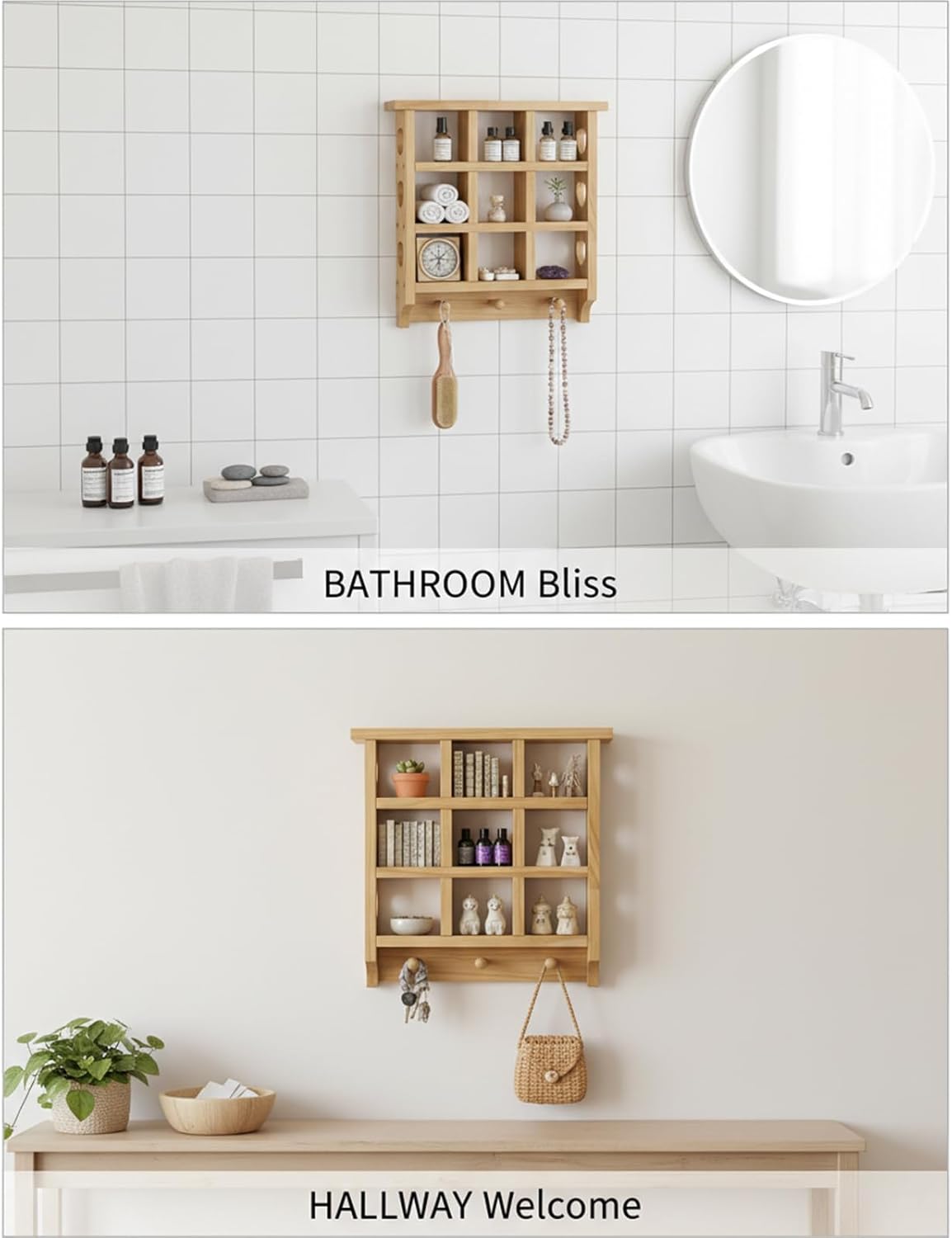 Wooden Heart Trinket Shelf for Wall, 14 x 12 inch Floating Shelf with Hearts and Pegs, 9 Openings Heart Wall Shelf for Indoor, Suitable for Displaying Interesting Gadgets