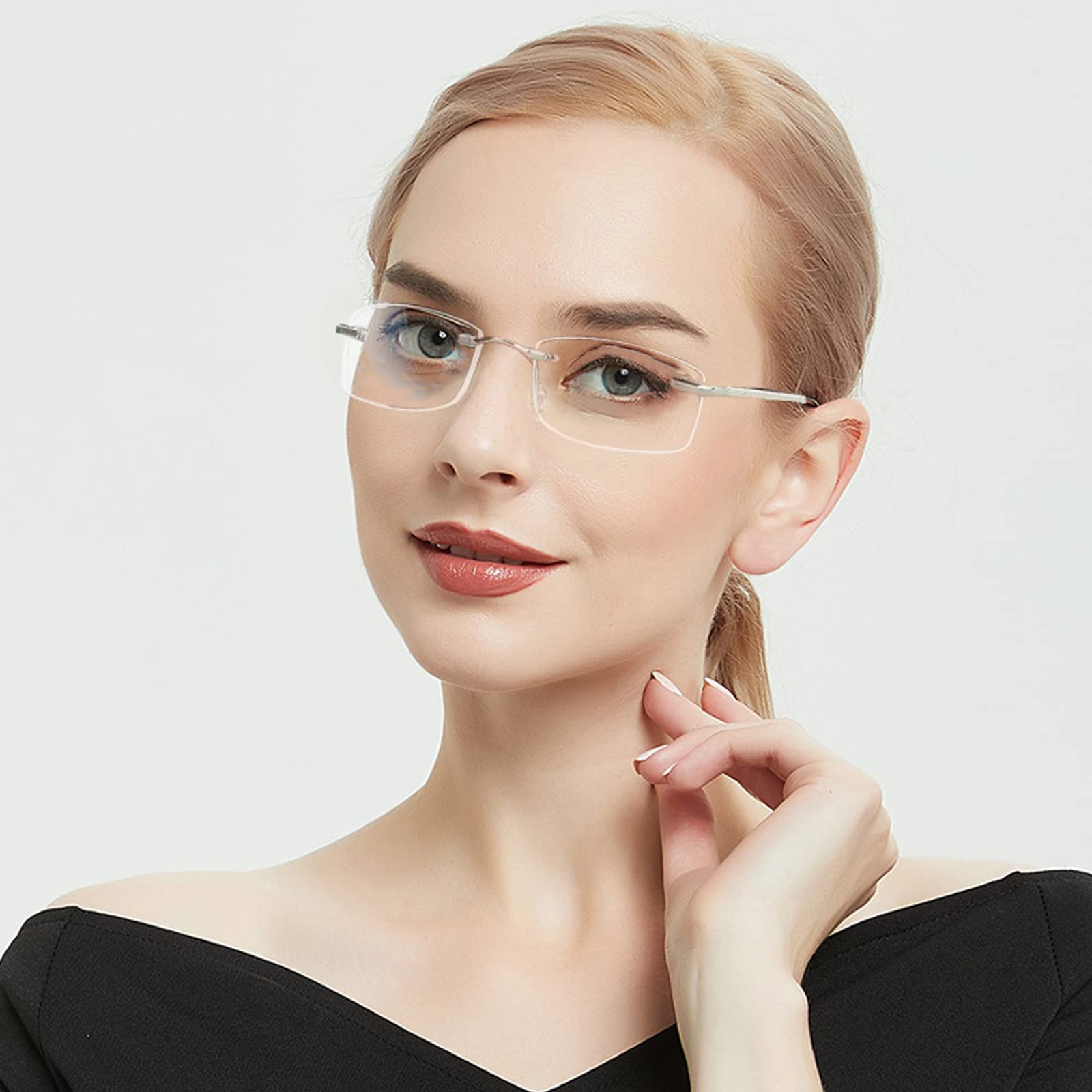 E & R Elegant Rabbit Bifocal Reading Glasses for Men Women Rimless Blue Light Blocking Computer Readers with Spring Hinge 8517 (Silver - Image 3