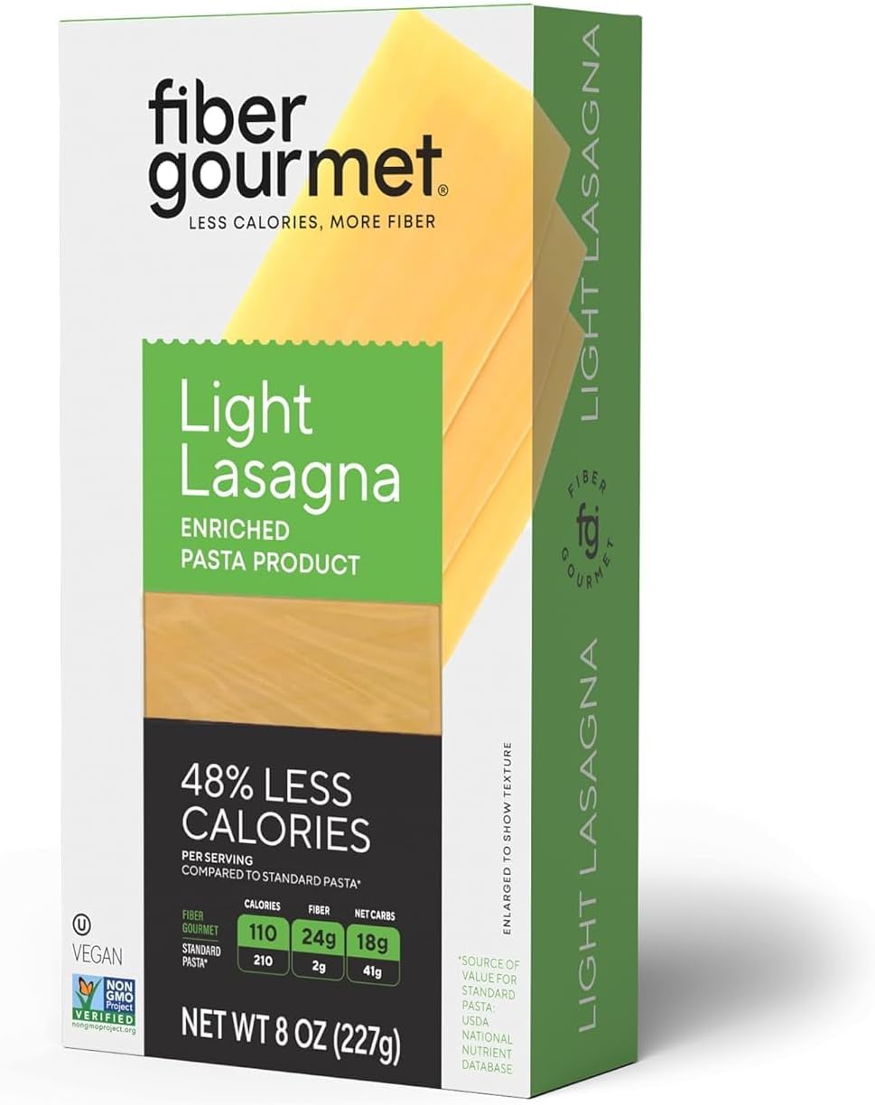 Fiber Gourmet Pasta - Light Lasagna Pasta - Low Net Carb, Fiber-Rich, Low Calorie, Healthy Pasta - Made in Italy, Kosher, Vegan, Non-GMO - 8 Oz, Pack of 6