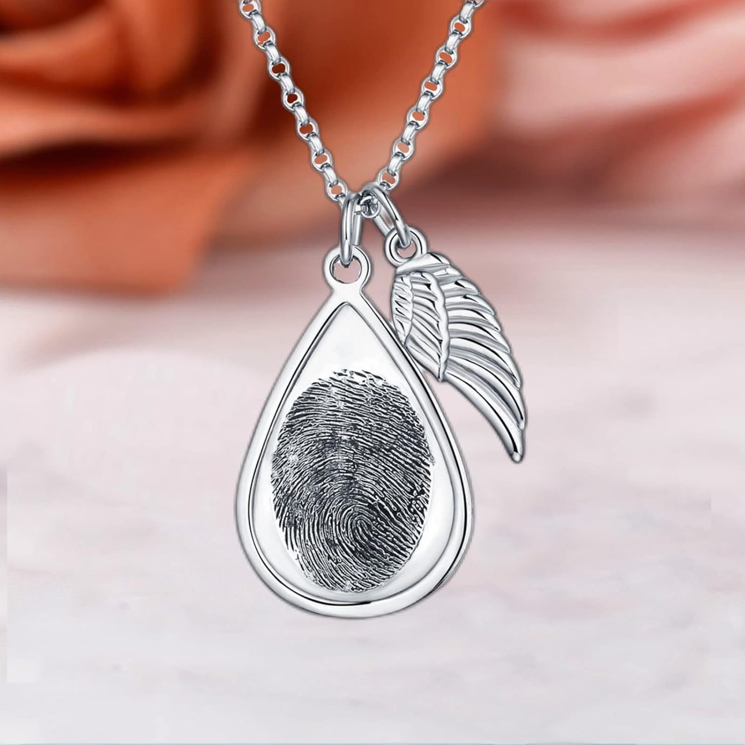 Drawelry Personalized Memorial Fingerprint Necklace : Engraved Name Customized Letters Actual Fingerprint Pendant Autographed Necklace Jewelry Gift for Women Men