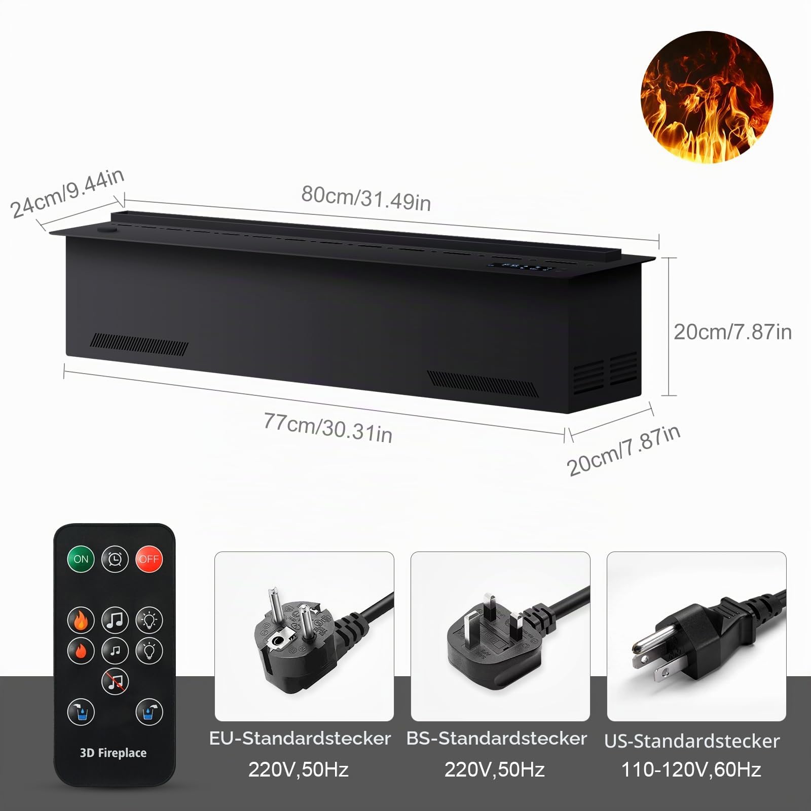 Wasserdampf-Kamin 3D-Flamme 80cm,Keine Hitze