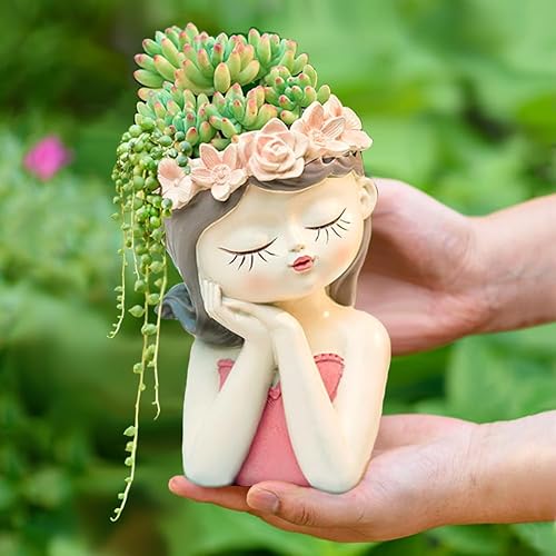 Snowy sunday Macetas de cara de Fairy Girl, bonitas macetas para suculentas para plantas de interior y exterior, macetas de resina con orificio de