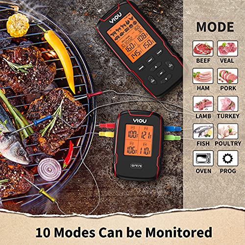 Yiou Wireless Meat Thermometer For Cooking, Digital Meat Thermometer With 4 Probes, 500Ft Ultra Accurate & Fast Food Thermometer For Oven, Smoker, Red #TOP4