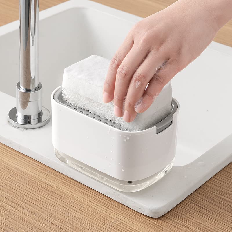 Image of Kitchen Dish Soap Dispenser with Sponge Holder, 2-in-1 Countertop Soap Pump Dispenser, Soap Dispenser for Kitchen Sink with 2-Packs Wire Dishwashing Rag,White