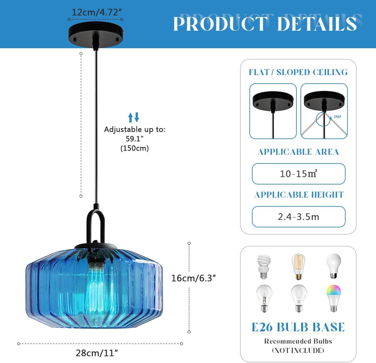 Large Modern Pendant Light Fixtures Dining Room Vintage Glass Ceiling Pendant Lighting Kitchen Sink Blue Hand Blown Glass Shade Black Finish Adjustable Cord Hanging Pendant Light