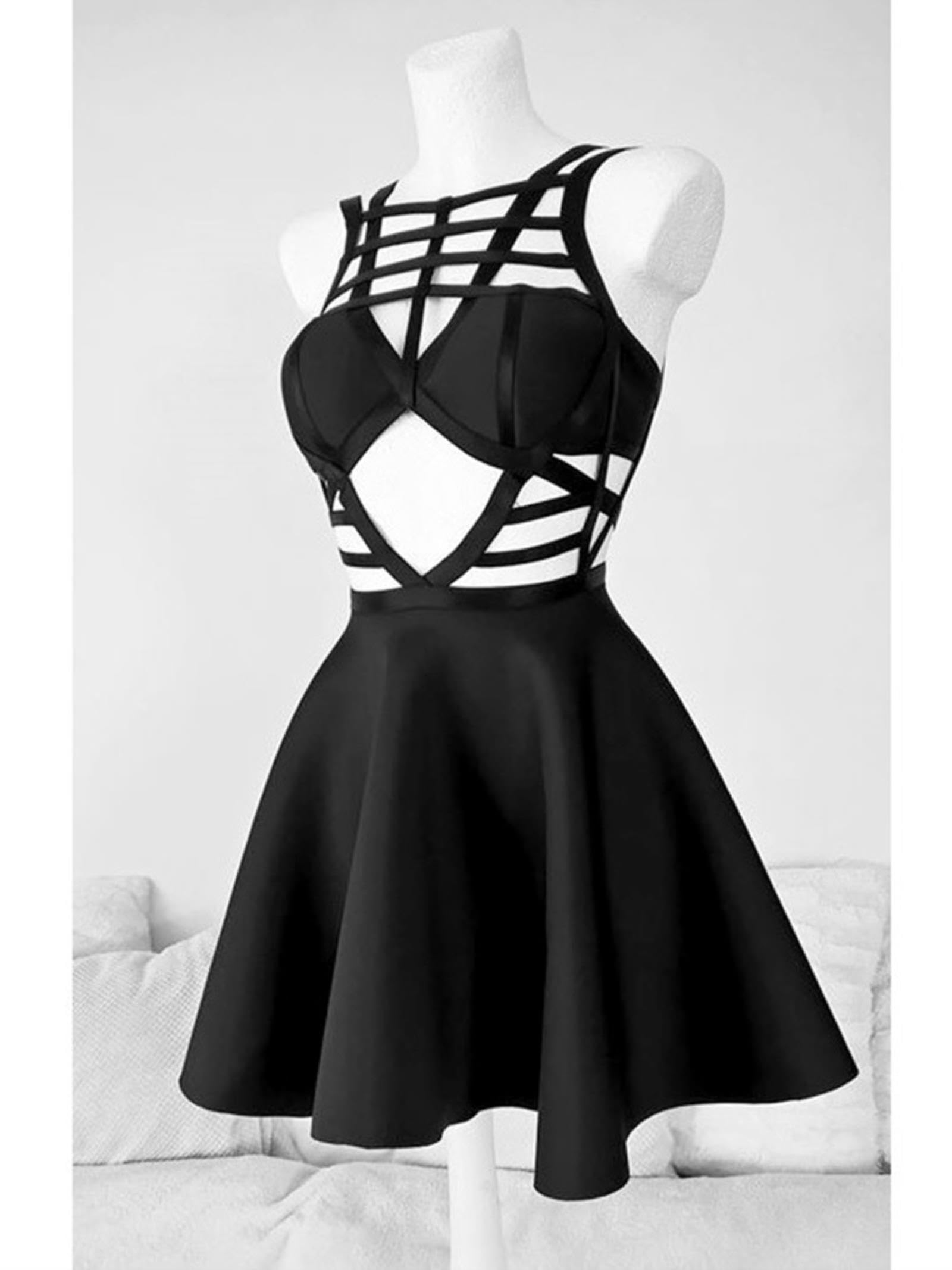 Gothic Hollow Out Korsett A-Linie Kleid Criss-Cross Retro Street Elf Girl Frauen Sexy Chic Reißverschluss Harajuku Fairy Grunge Kleid-Schwarz, L