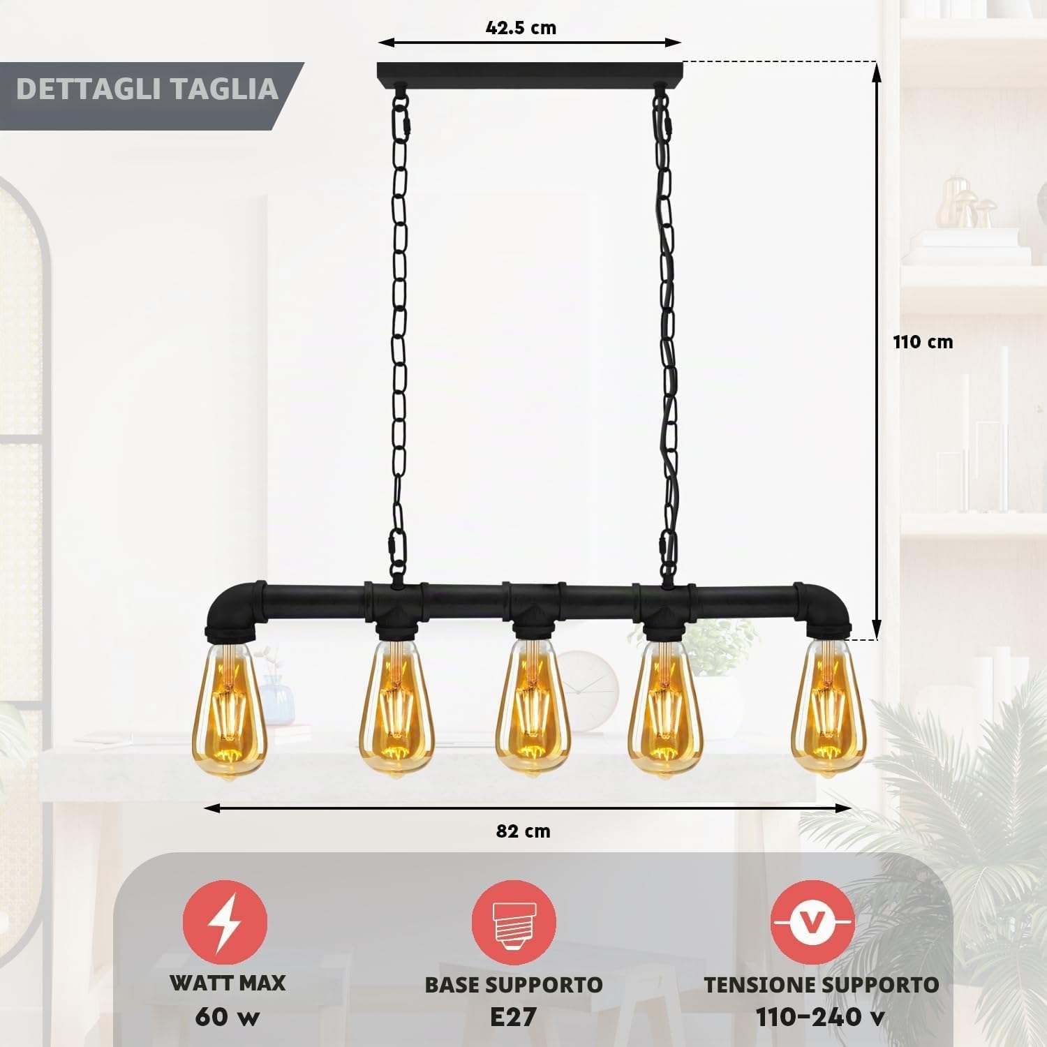 LEDSone Lampada a sospensione in metallo Steampunk stile vintage retrò industriale a 5 vie Illuminazione a soffitto per tubi dell'acqua (argento spazzolato)