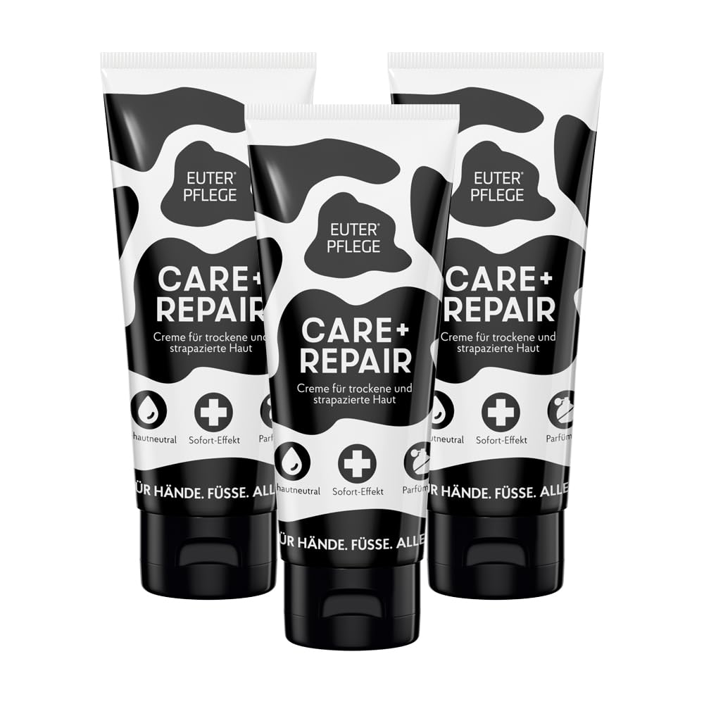 EUTERPFLEGE Care + Repair Creme, 3x 100ml, intensive Pflege für trockene Haut, Feuchtigkeitscreme für Hand und Körper, parfümfrei, Allergiker geeignet