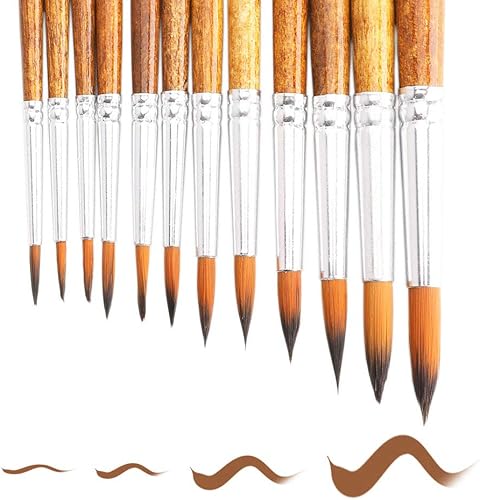 Miniatura 4 de Juego de pinceles de pintura para acuarela, punta redonda y puntiaguda, 12 piezas de diferentes tamaños para acuarela, acrílicos, tinta, gouache,