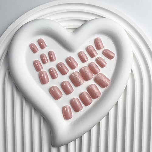 Miniatura 5 de Uñas postizas a presión de color rosa con diseño de purpurina rosa, uñas acrílicas de cobertura completa, uñas postizas brillantes para mujeres,