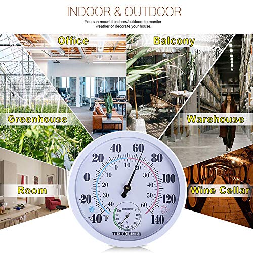 Indoor Outdoor Thermometer Hygrometer, Lirches Outdoor Thermometer Large Numbers, Decorative Outdoor Thermometers For Patio, No Battery Needed Wall Thermometer Round 10" In Diameter #TOP6